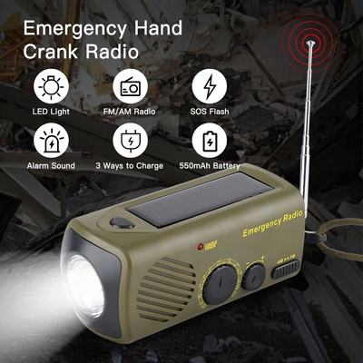 550mAh Solar Powered Flashlight USB Charging Hand Crank Flashlight Outdoor Survival Emergency Radio Flashlight